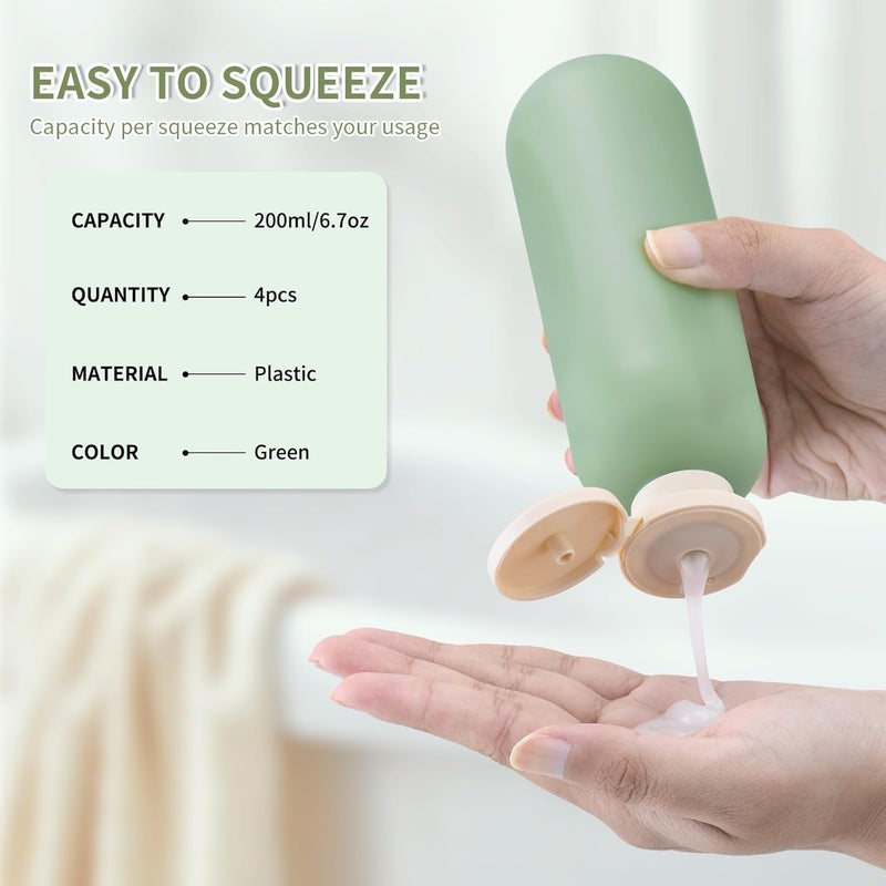 owlyee 6.7oz Travel Shampoo Bottle, Empty Plastic Squeeze Bottles with Flip Cap, 4PCS Lotion Container for Toiletries (200ml, Green) - Image 2